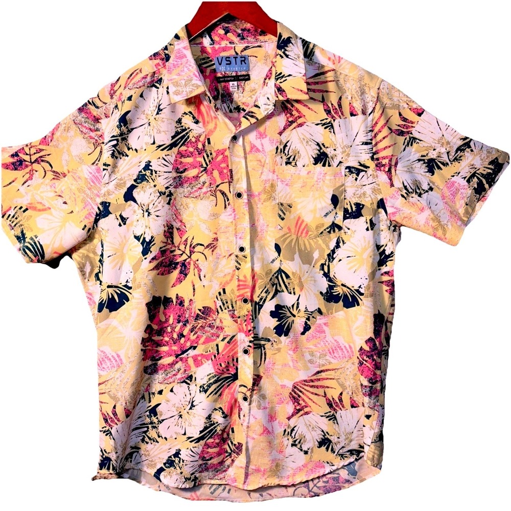 VSTR Tropical Short Sleeve Button Down Shirt Mens XL Floral 4-Way Stretch Yellow